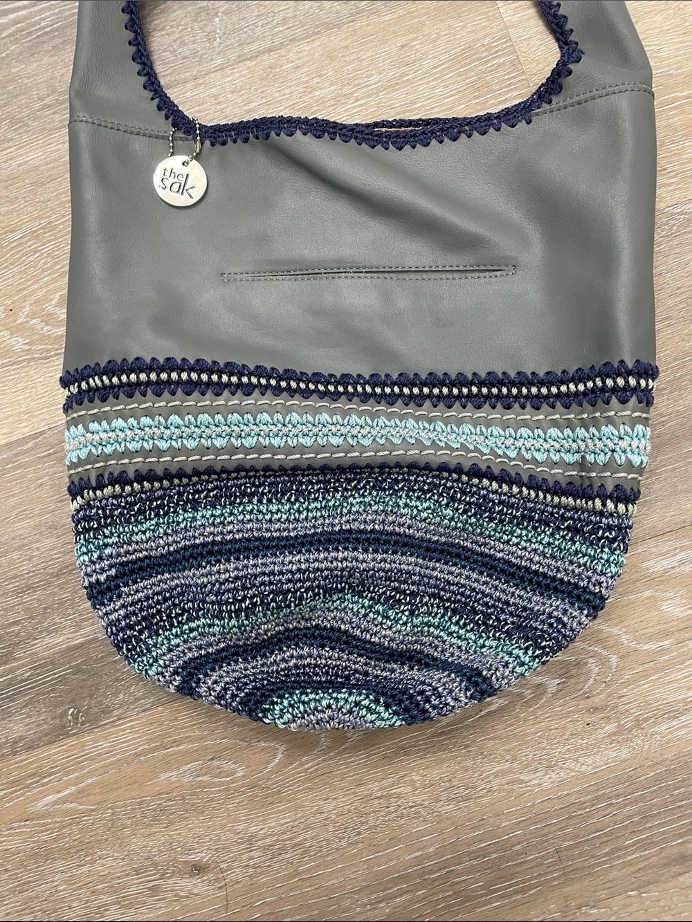 NWOT The Sak Hand Crocheted Leather Hobo Bag Blue Gray - Picture 2 of 6